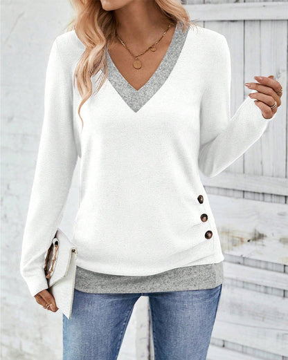 V-Neck Long-Sleeved Contrast Color Top