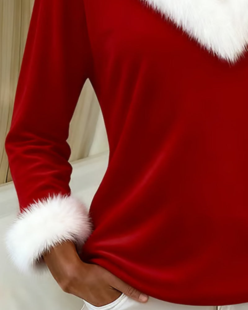 Large Fur Collar Patchwork Slim Fit Top