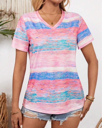 V-Neck Colorful Striped Versatile T-Shirt