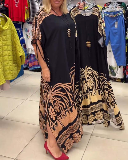 Printed round neck short sleeve lace-up loose dress