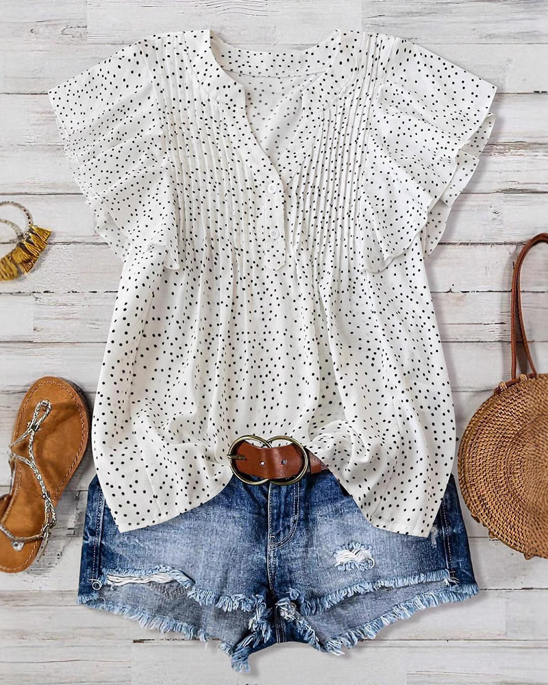 Ruffle Sleeve V-Neck Polka Dot Blouse