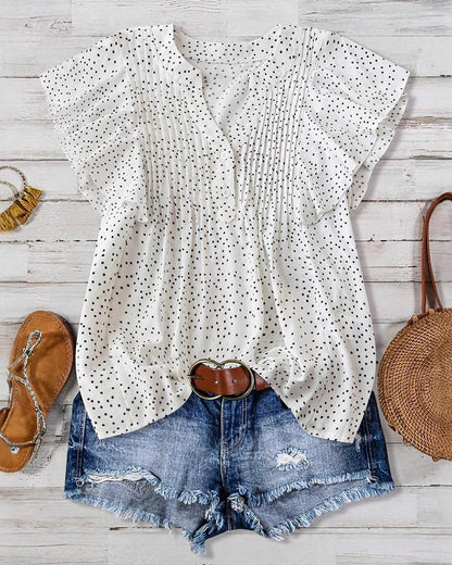Ruffle Sleeve V-Neck Polka Dot Blouse