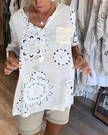 Versatile V-Neck Printed Half Sleeves Blouse