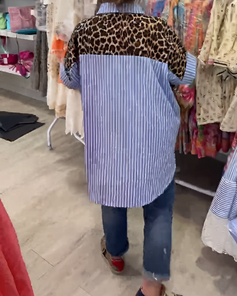 Striped Lapel Leopard Print Shirt