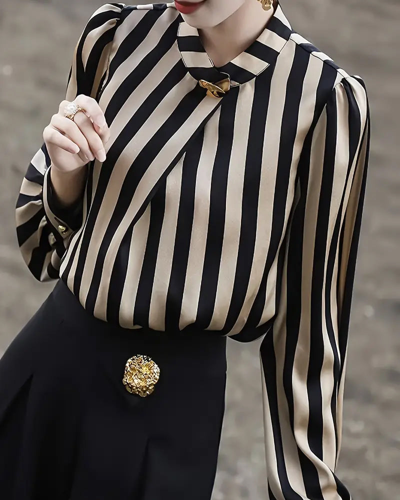 Drape Stand Collar Striped Blouse