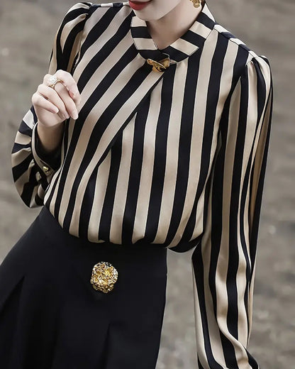 Drape Stand Collar Striped Blouse