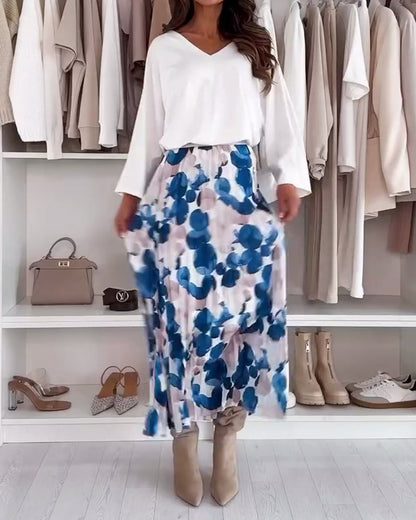 Pleated Printed Colorblock Skirt