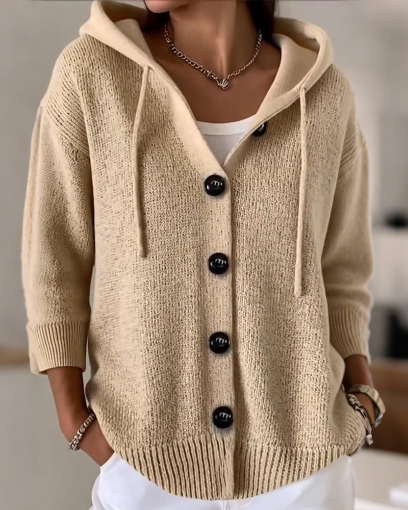 Solid Color Hooded Single-Breasted Cardigan