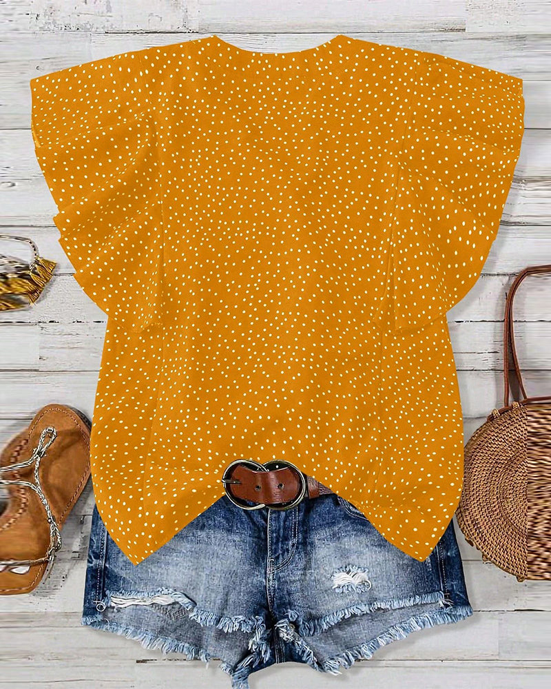 Ruffle Sleeve V-Neck Polka Dot Blouse