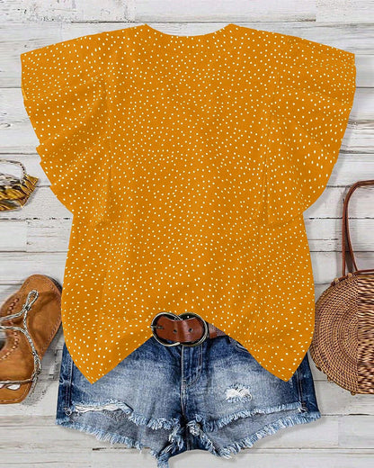 Ruffle Sleeve V-Neck Polka Dot Blouse
