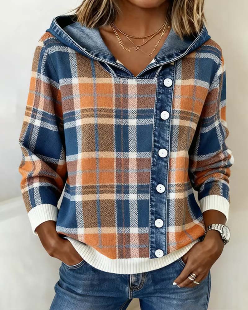 Casual Denim Plaid Patchwork Hooded
