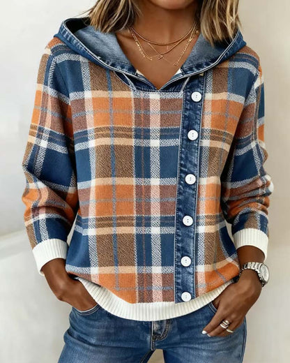 Casual Denim Plaid Patchwork Hooded