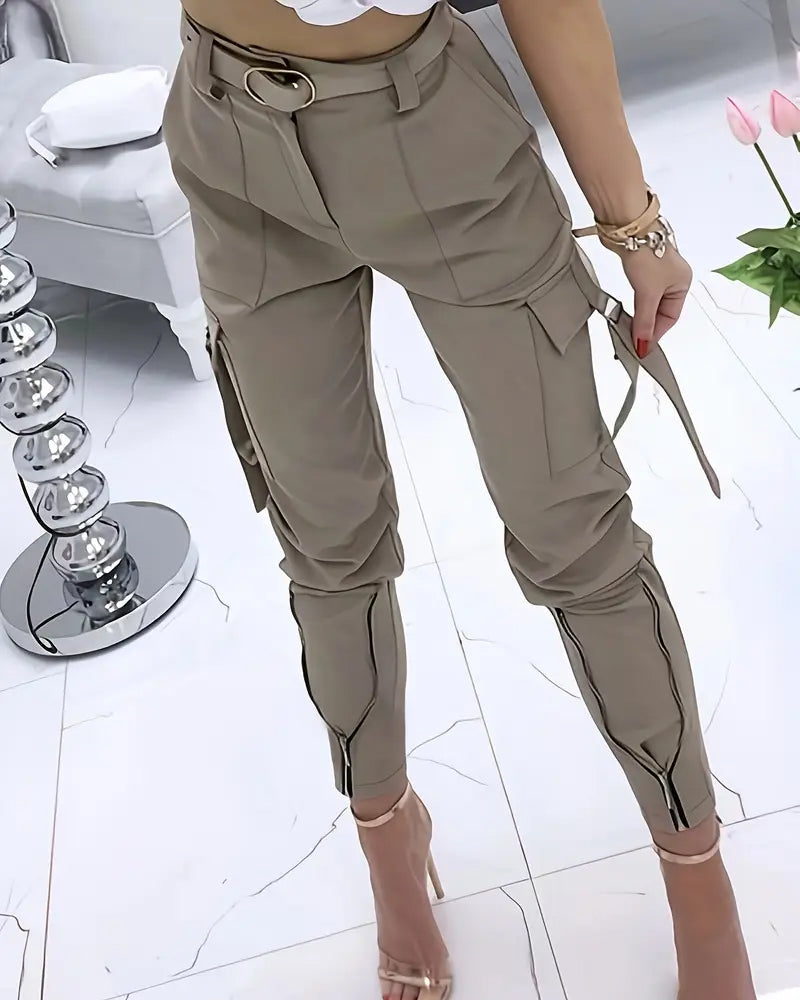 Solid Color Zipper Cargo Pants