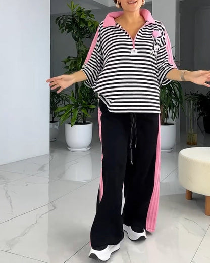 Striped Print Loose Pants Suit