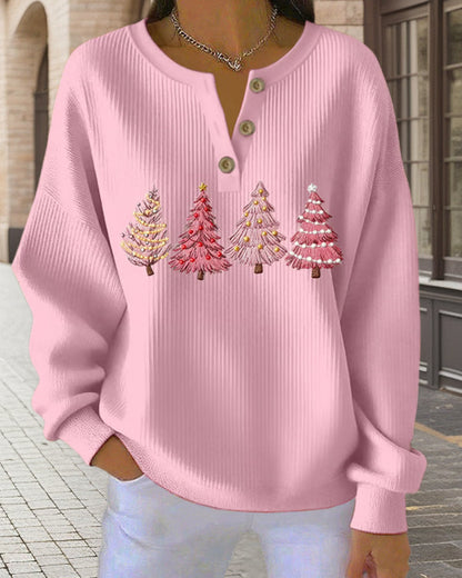 Buttoned Christmas Tree Print Sweatshirt