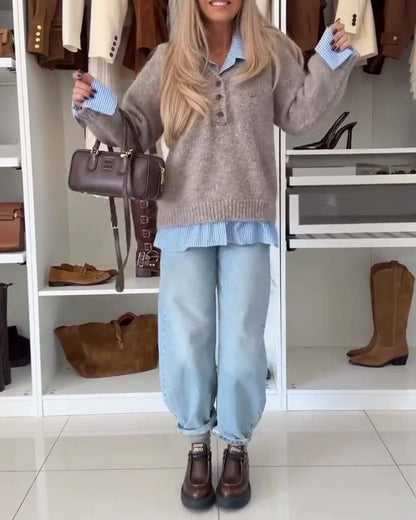 Long-Sleeved Button-Down Collar Jumper