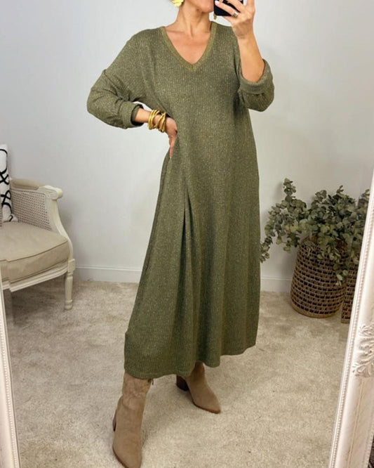 V-neck solid color elegant dress