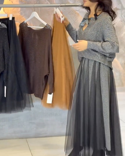 Batwing Sleeve Shimmering Pullover And Skirt