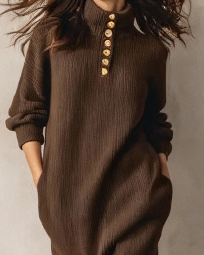Buttoned Turtleneck Slit Hem Dress