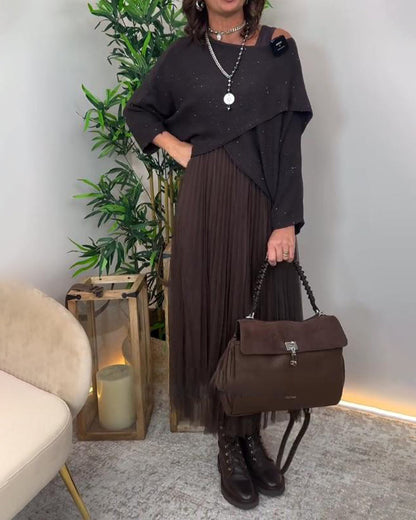 Elegant Asymmetric Sweater & Lace Skirt Set