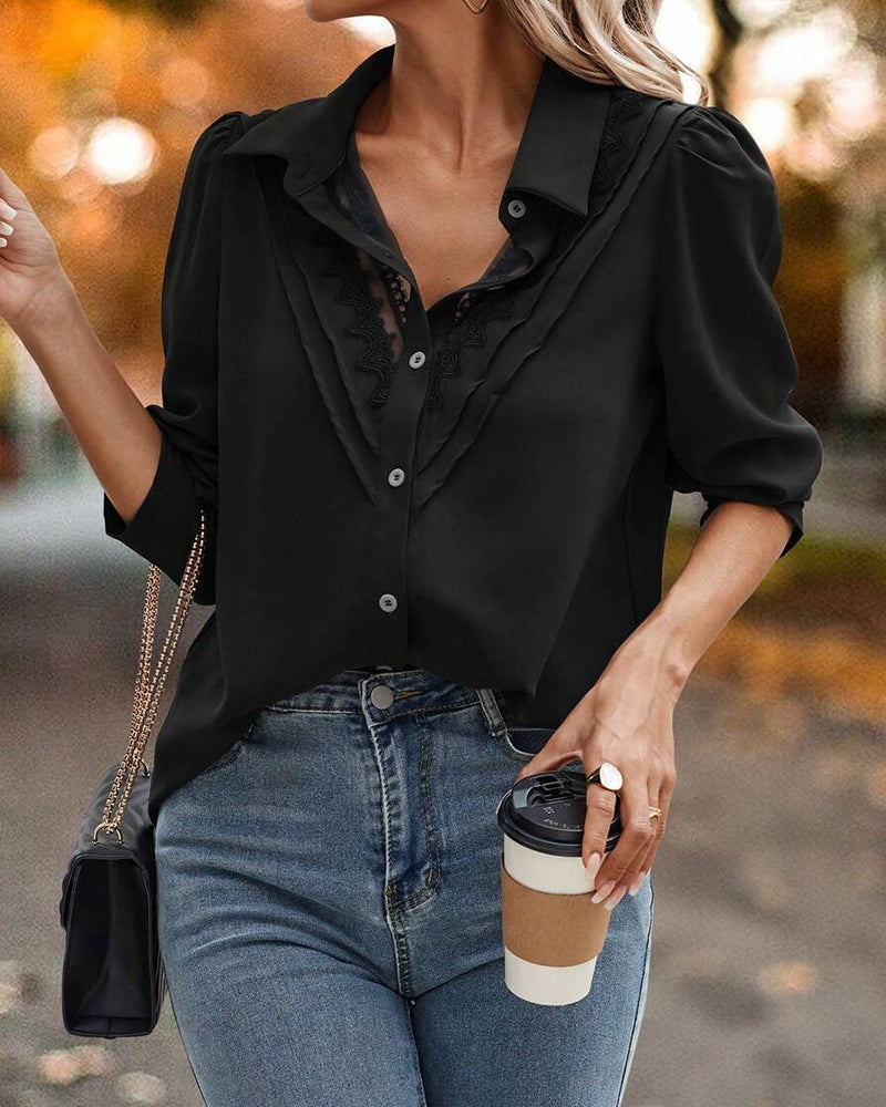 Puff Sleeve Lace Patchwork Blouse