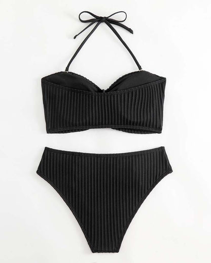 Halter Solid Color Striped Swimsuit