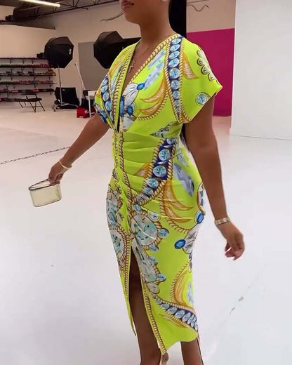 Deep V slit waist printed dress