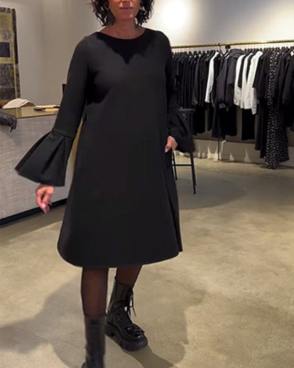 Solid Flare Sleeve Shirred Dress