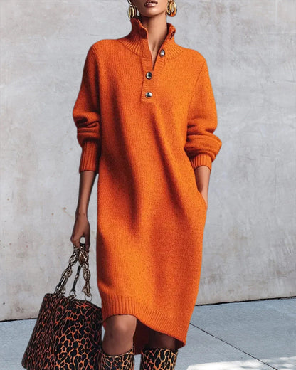 Solid Color Button High Neck Dress