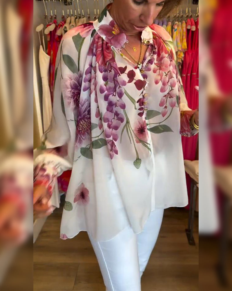Lantern Sleeve Casual Printed Blouse