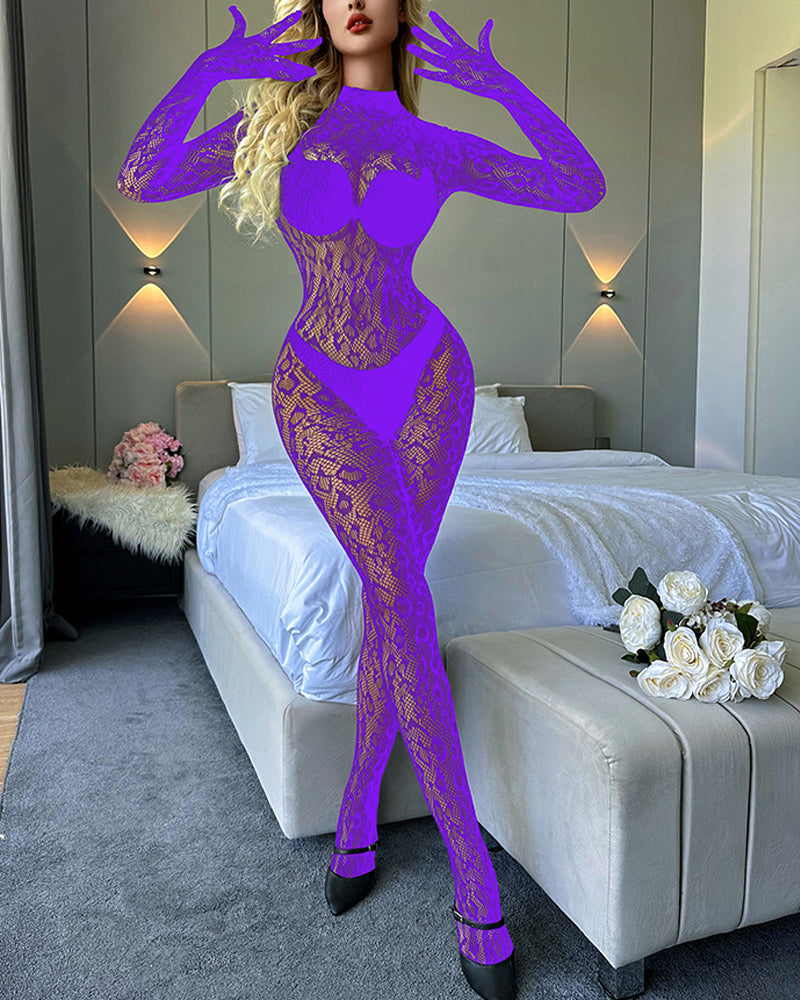 Long-Sleeved One-Piece Fishnet Stockings Underwear