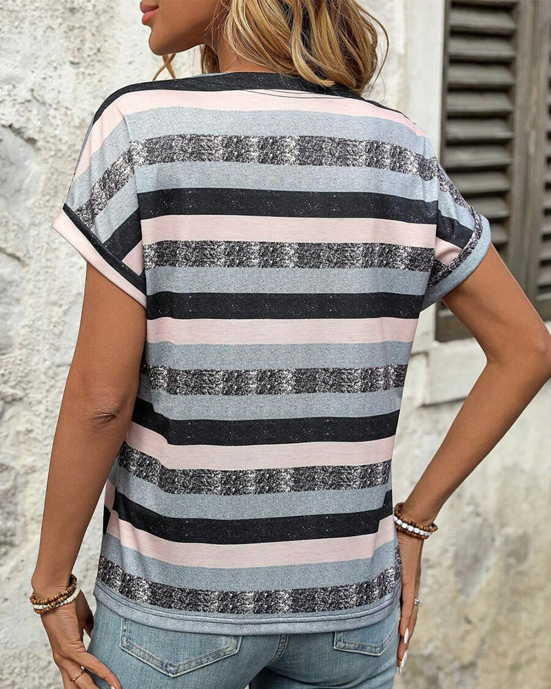 V-Neck Three-Button Striped T-Shirt