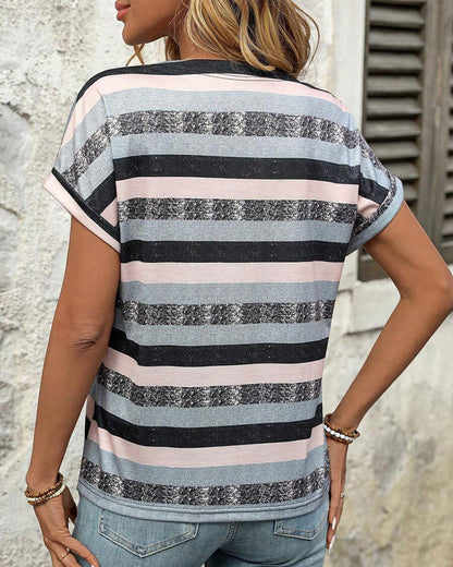 V-Neck Three-Button Striped T-Shirt
