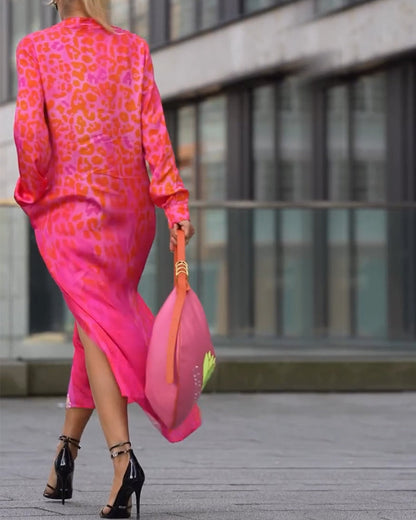 Long-Sleeved Leopard Print Slit Dress