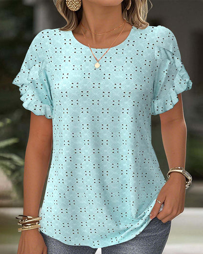Ruffled Short Sleeve Hollow T-Shirt