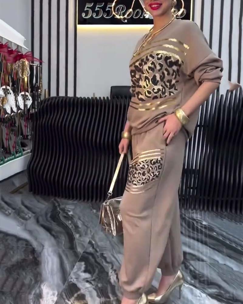 Leopard Print Casual Sweatshirt Set