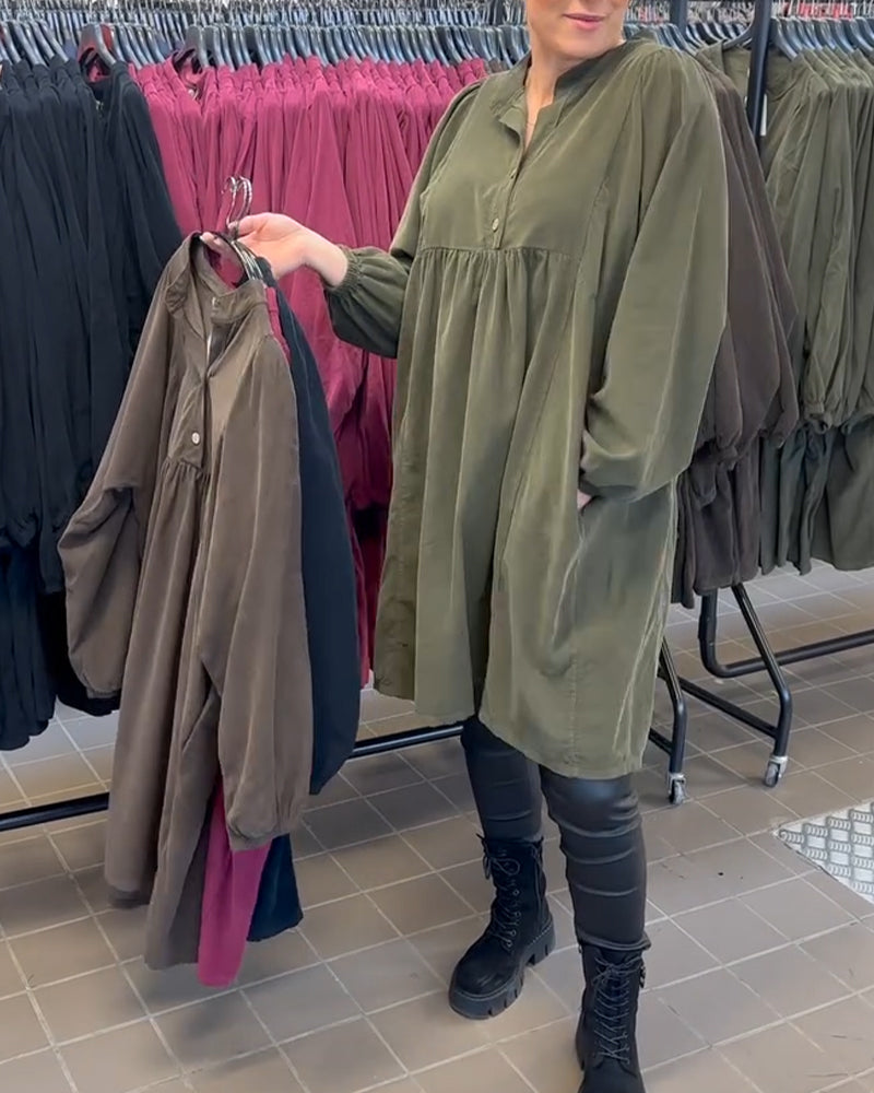 Button V-Neck Long-Sleeved Dress