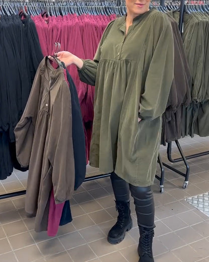 Button V-Neck Long-Sleeved Dress