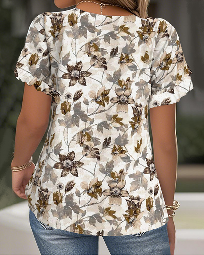 Printed Ruffle Sleeves All-Match T-Shirt