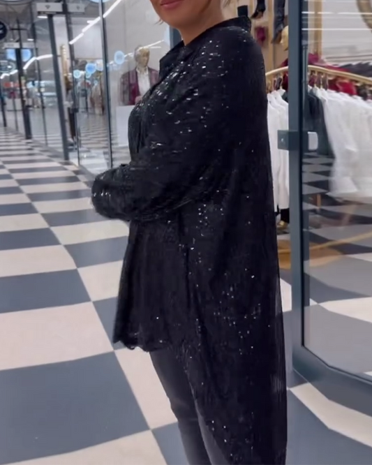 Sequined lapel slit casual shirt