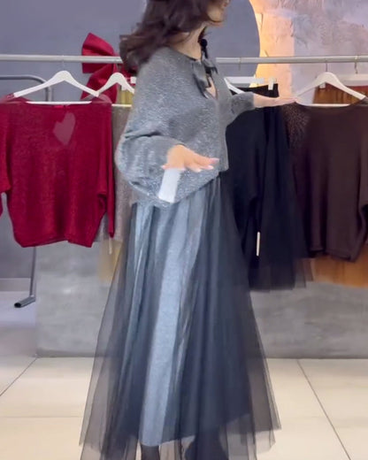 Batwing Sleeve Shimmering Pullover And Skirt
