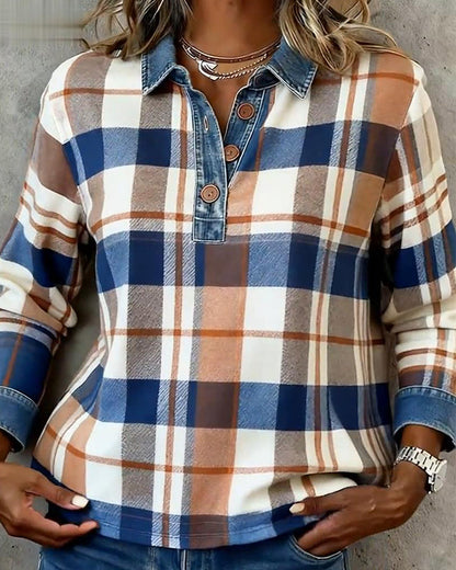 Casual Denim Patchwork Plaid Blouse