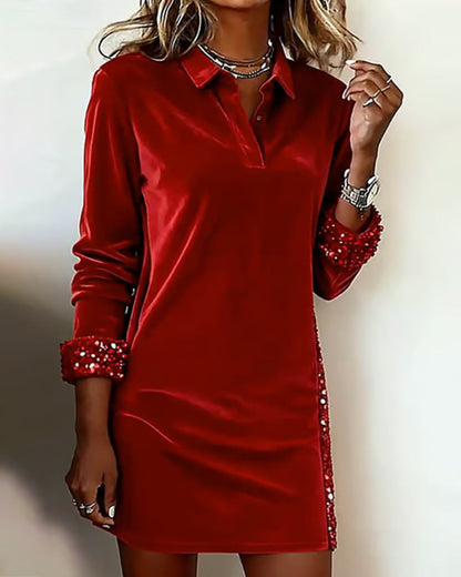 Lapel Velvet Sequin Shift Dress