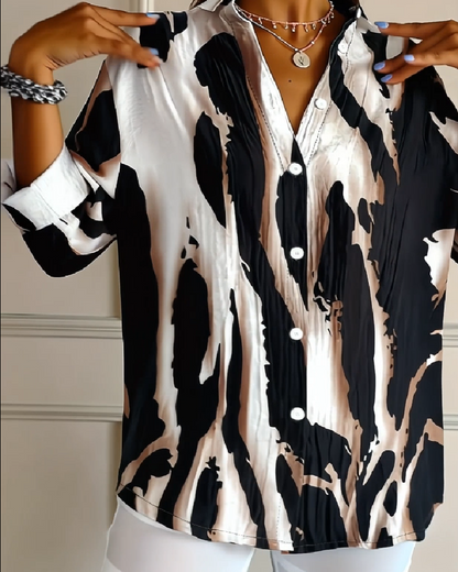 Stand Collar Irregular Printed Blouse