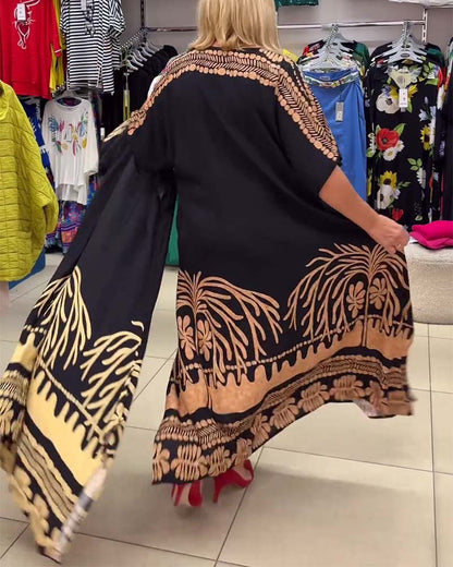 Printed round neck short sleeve lace-up loose dress