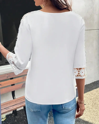 Solid Color Hollow Hook Patchwork T-Shirt