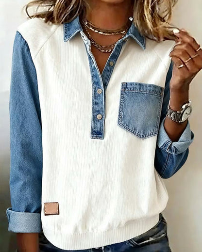 Button Lapel Color Block Spliced Sweatshirt