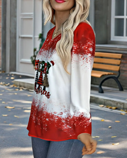 V-Neck Christmas Tree Print Long Sleeve Top