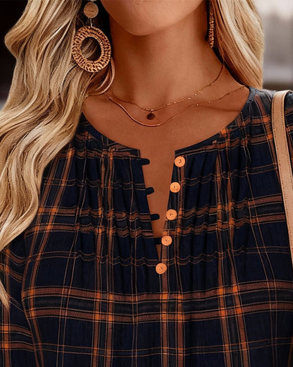 Buttoned Plaid Casual Top