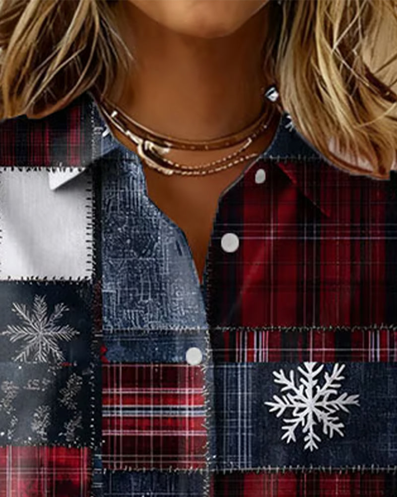 Plaid Snowflake And Snowman Print Shirt